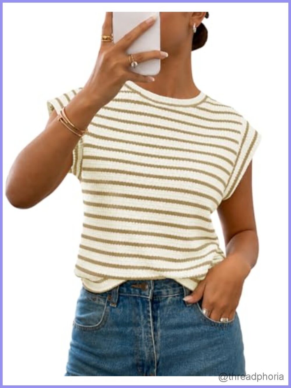 Women's Striped Knit Vest Top Cap Sleeve Crew Neck Summer Casual Loose Pullover
